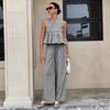 1116 European and American fashion casual round neck sleeveless ruffle edge skirt top high waist straight trousers