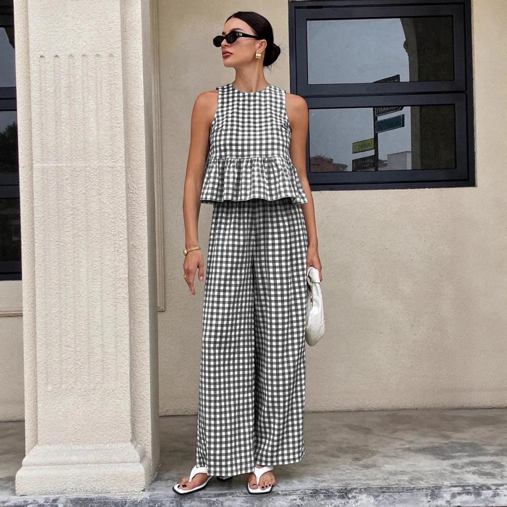 1116 European and American fashion casual round neck sleeveless ruffle edge skirt top high waist straight trousers