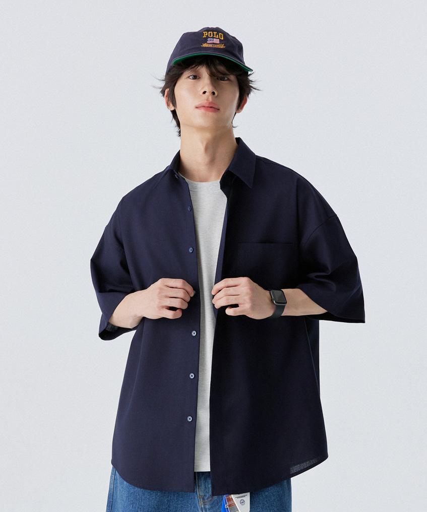 STENDS [M~4XL] Льняная оверсайз рубашка с коротким рукавом на весь день_Темно-синяя