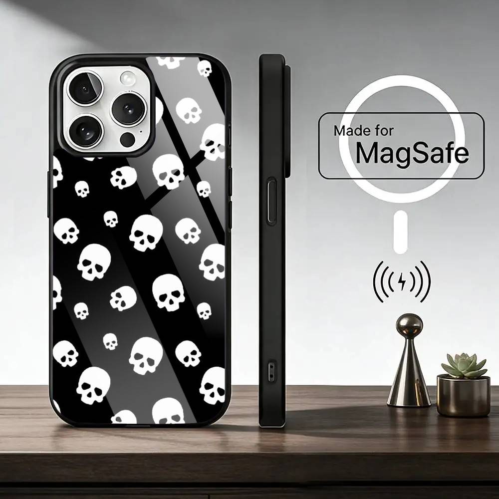 Skull Phone Case For iPhone17,16,15,14,13,12,11 Plus,Pro Magnetic with Magsafe Wireless Charging