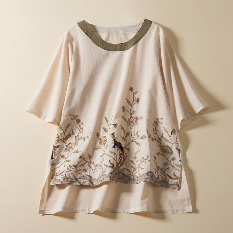 Dimanaf 2022 Women Plus Size Floral Summer Style Linen O-Neck Bat Print T-Shirt Casual Tops Shirts Loose Oversized Shirt