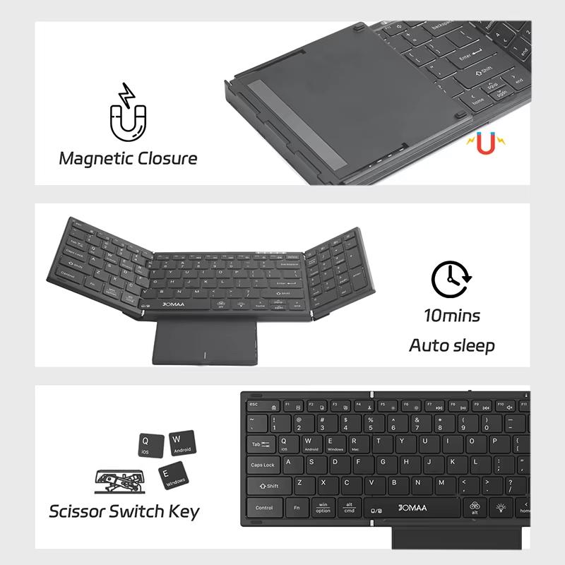 JOMAA Folding Wireless Keyboard with Touchpad, 7-Color Backlit, Multi-Device Bluetooth 5.1, Numeric Keypad, ABS, Black