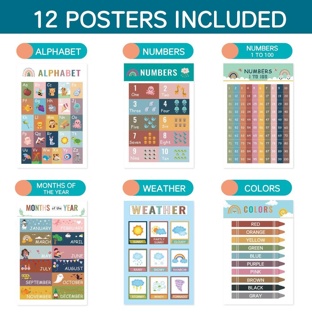 12pcs Bohemian Educational Chart Number Alphabet Early Educational Wall Sticker Month Color Weather Decoration Painting
