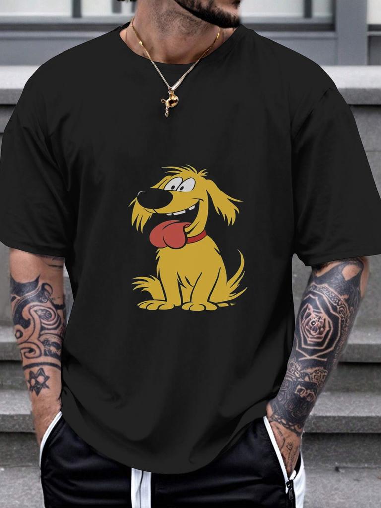 1pc Humorous Laughing Cartoon Dog Graphic T-shirt - 180g Cotton Crew Neck Short Sleeve Tee with Vibrant Yellow & Red Design