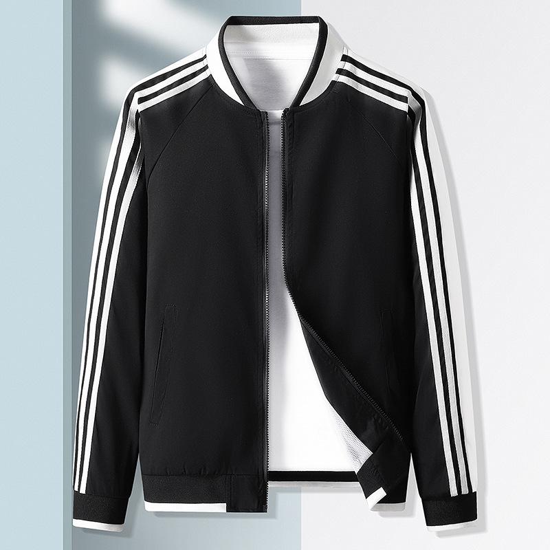 Men's Casual Sports Windbreaker for Spring and Autumn, Thin Design with Three Stripes, Loose Fit, Plus Size Hooded Jacket, Cardigan Jacket