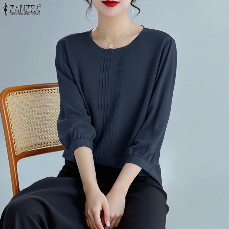 ZANZEA Женская повседневная однотонная блузка с круглым вырезом и рукавом 3/4