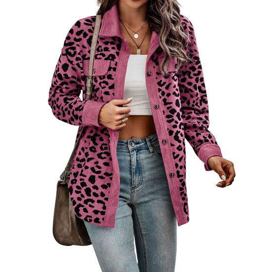 Women Spring Fall Coat Fake Chest Pocket Turn-down Collar Single-breasted Leopard Print Long Sleeves Mid Length Daily Wear Jacket