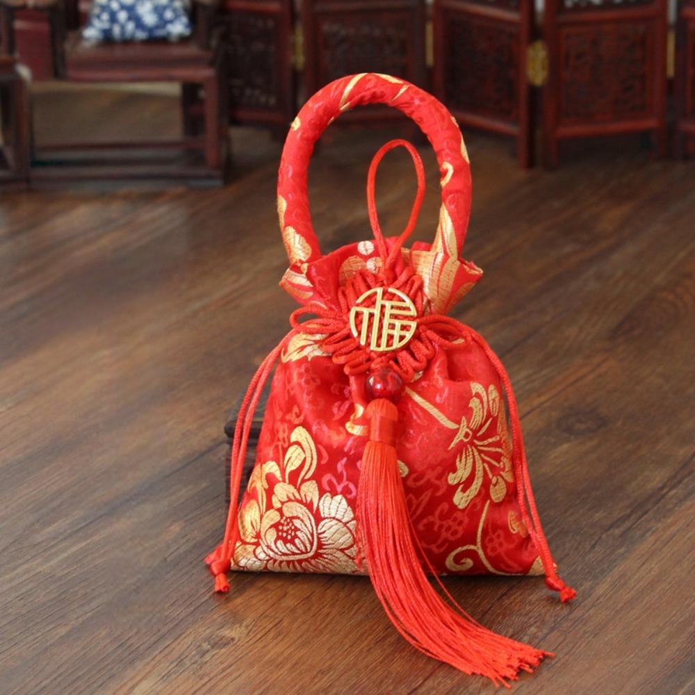 Chinese Style Canvas Flower Drawstring Bag Dragon Phoenix Chinese Knot Tassel Handbag Korean Style Jewerly Packing Bag