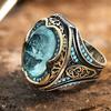 Vintage Men's Handmade Turkish Blue Zircon Stone Ring Ancient Copper Color Pattern Ring Trendy Islamic Religious Muslim Jewelry