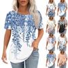 T Shirts For Women Pleated Round Neck Dressy Casual Blouses Printing Short Sleeve Summer Tops Loose Fit