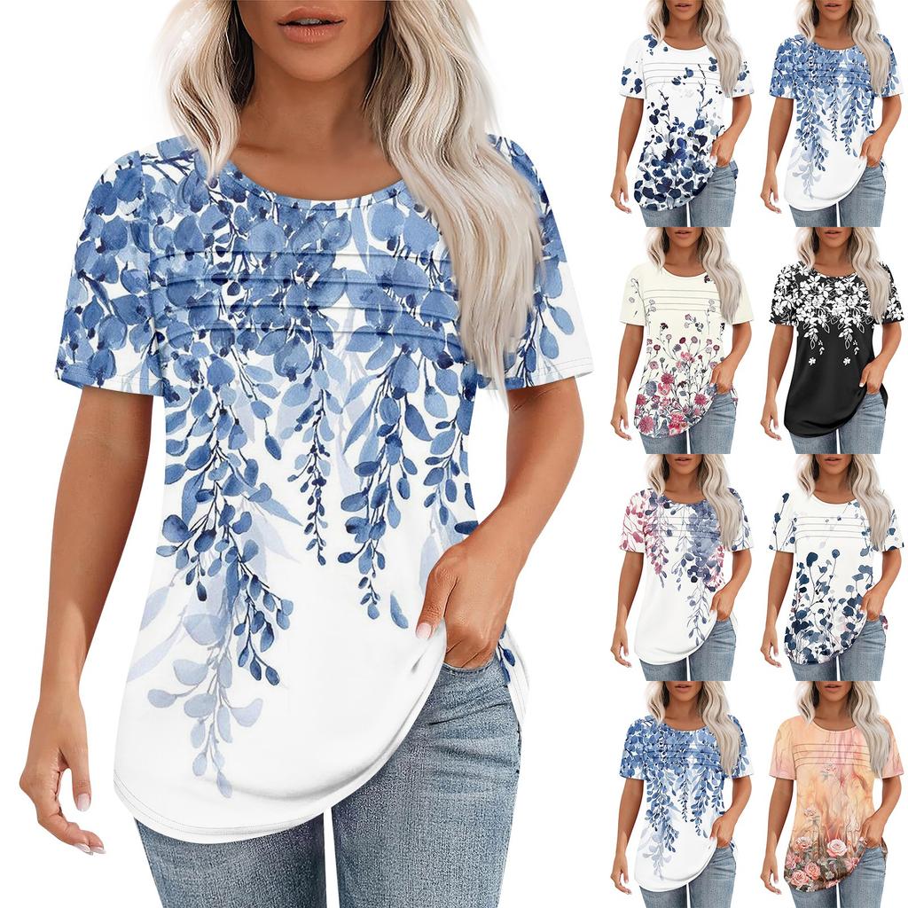 T Shirts For Women Pleated Round Neck Dressy Casual Blouses Printing Short Sleeve Summer Tops Loose Fit
