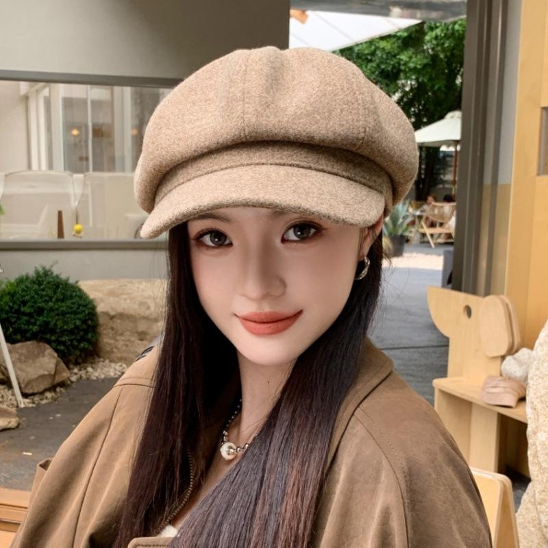 Women S Solid Color Wool Blend Octagonal Newsboy Cap Korean Style Versatile Warm