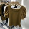 WTEMPO Retro Puff Sleeve Square Collar Short Sleeve T-Shirts Women's Summer Casual Solid Shirts Streetwear