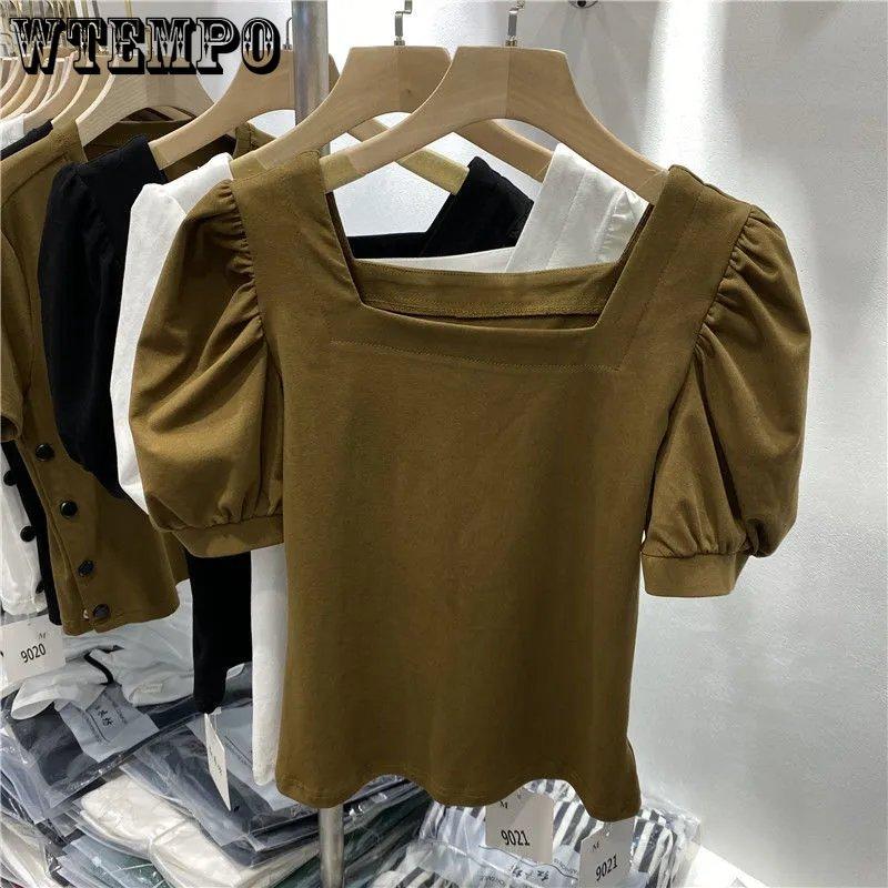 WTEMPO Retro Puff Sleeve Square Collar Short Sleeve T-Shirts Women's Summer Casual Solid Shirts Streetwear
