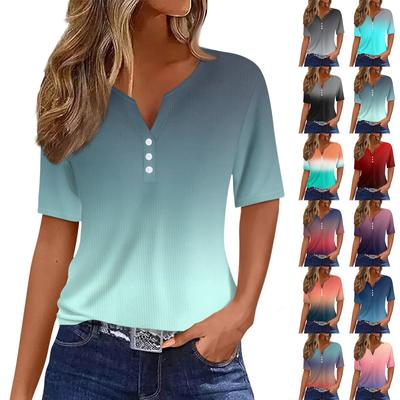 Женская футболка с принтом на пуговицах, короткий рукав, туника, повседневная, выходного дня, модная, базовая, с V-образным вырезом, стандартный топ