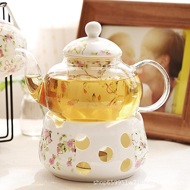 English Light Luxury Floral Teapot Set with Candle Heating Base - Heat-Resistant Glass for Afternoon Tea