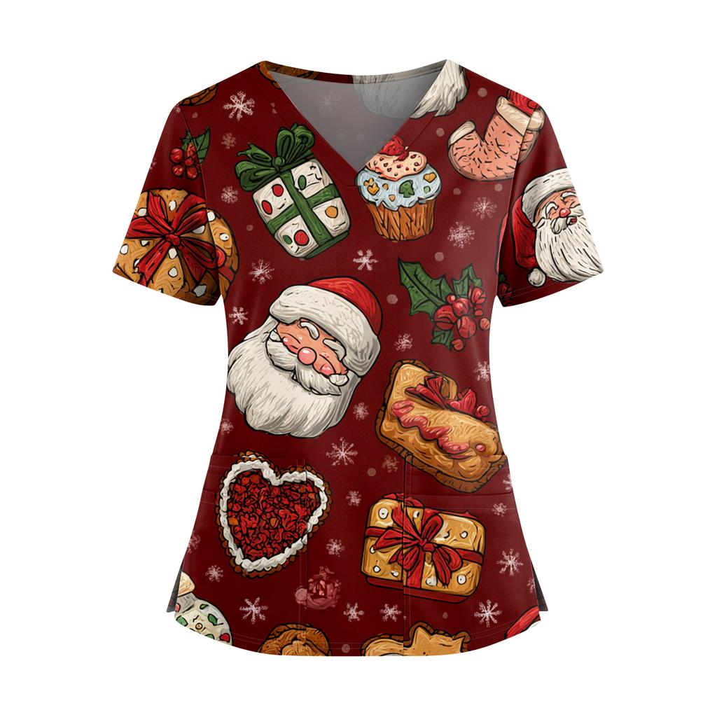 Women's Christmas Printed V-Neck Double Pocket Short Sleeves Hem Slit  Uniform Caregiver Top