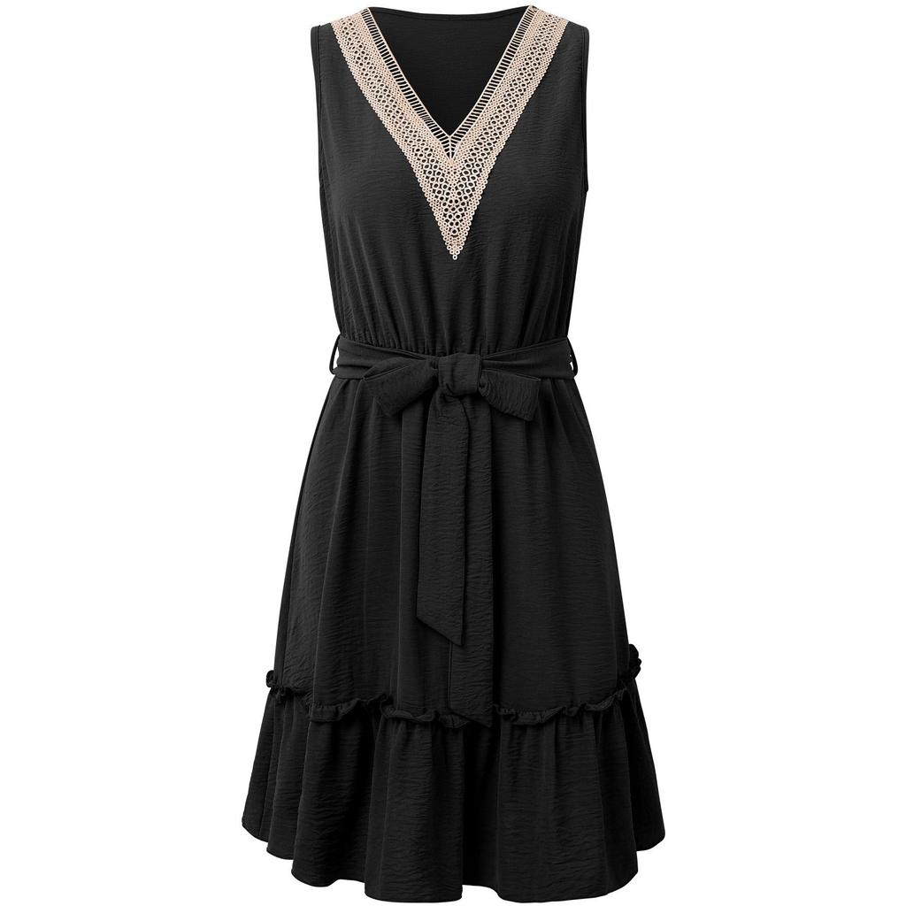 Женское весеннее однотонное кружевное платье без рукавов с V-образным вырезом, летнее повседневное платье А-силуэта с высокой талией и поясом выше колена, короткие платья S-XL