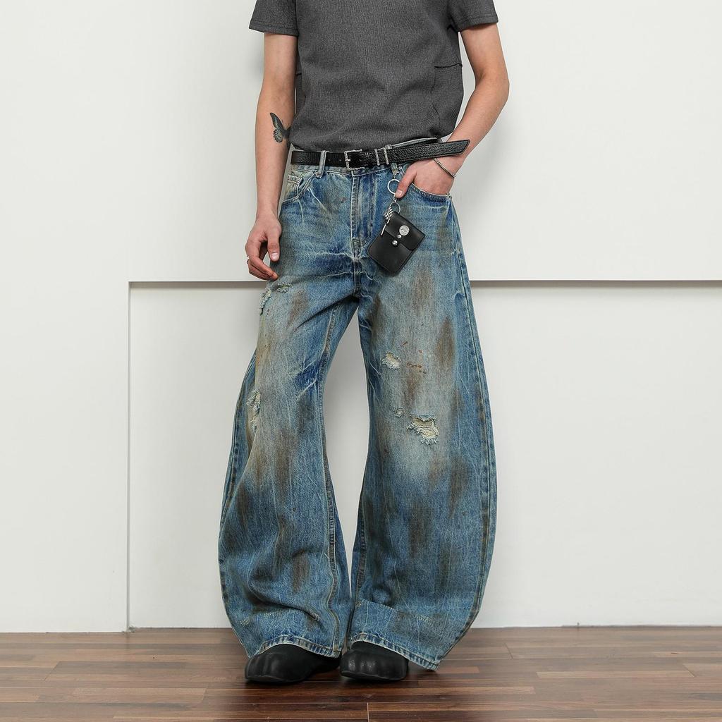 Унисекс Винтажные Хип-Хоп Рваные Джинсы Широкого Покроя с Изогнутыми Штанинами и Эффектом Грязной Стирки