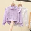 Spring 2024 Girls' White Long Sleeve Shirt with French Lace Collar