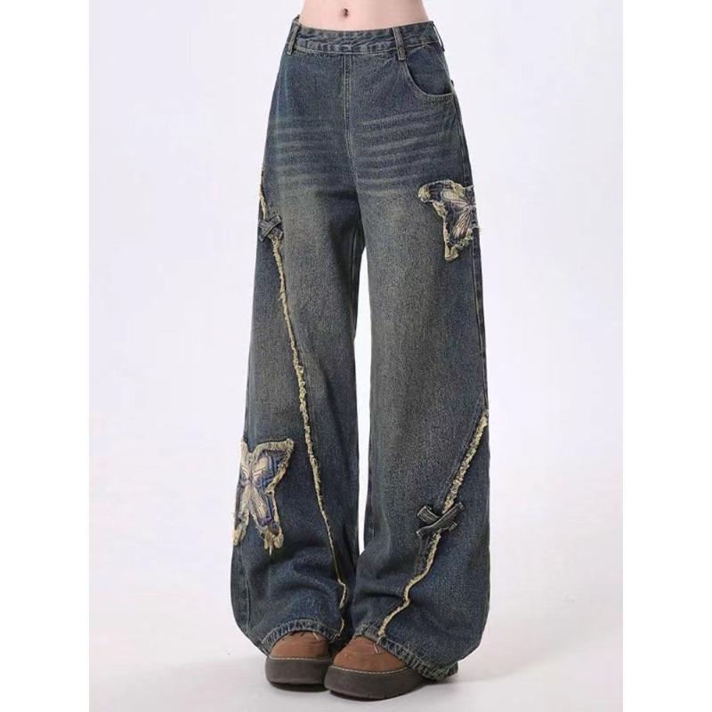Американские винтажные широкие джинсы с застежкой-бабочкой сбоку, женские осенне-зимние дизайнерские брюки с высокой талией и свободными брюками длиной до пола