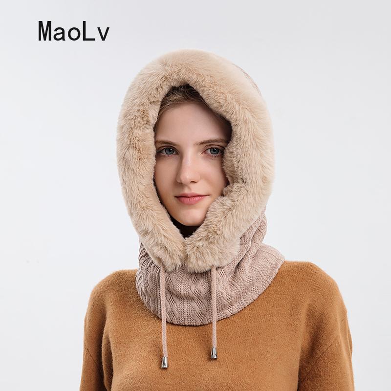 Hat Soft Winter Fur Cap Mask Set Hooded for Women Knitted Cashmere Neck Warm Balaclava Bicycle Hat Thick Plush Fluffy Ski Windproof Hat