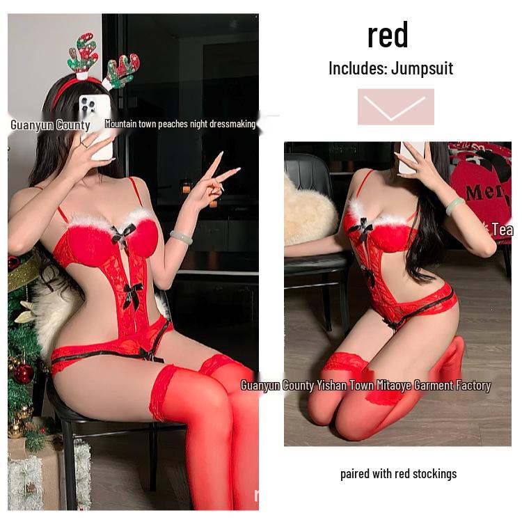 Праздничный красный кружевной прозрачный боди - Сексуальное кружевное нижнее белье на бретельках для праздников