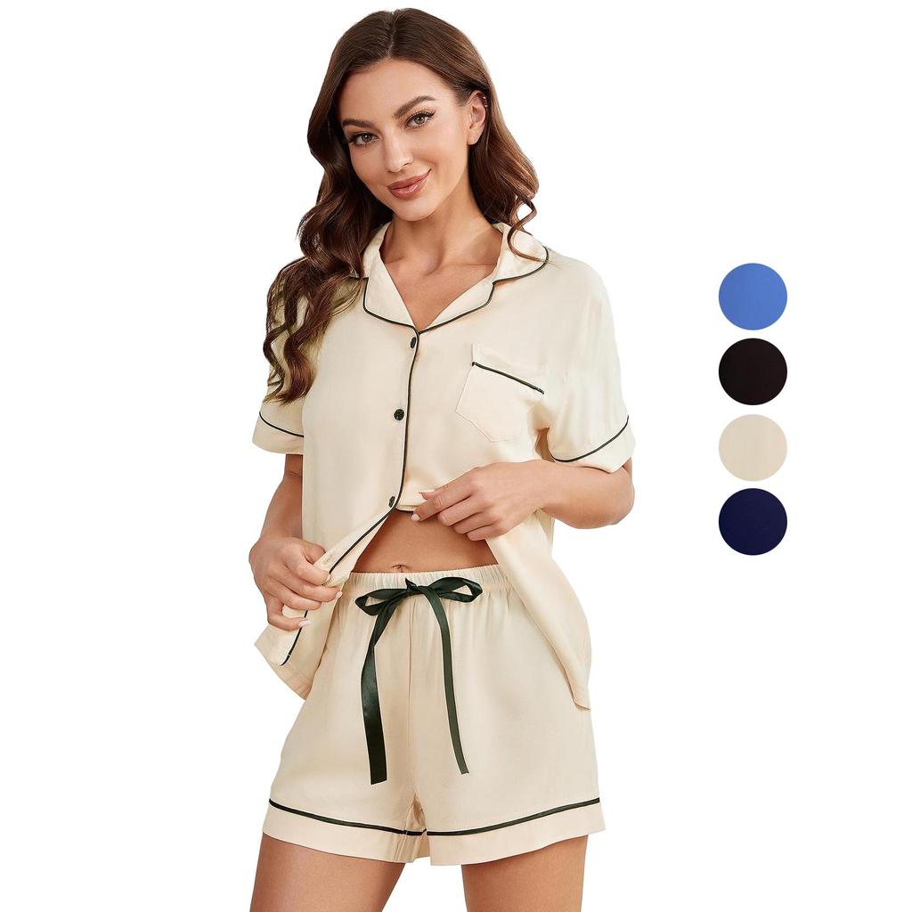 Women’s Sleeping Suits Rayon Short Sleeves Pajamas Button Up Piped Shirt and Shorts 2 Pieces Set Summer Home Night Sleep Casual Lounge Wear