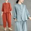 Льняной костюм в китайском стиле, женская летняя свободная модная рубашка + брюки-шаровары, костюм из двух частей
