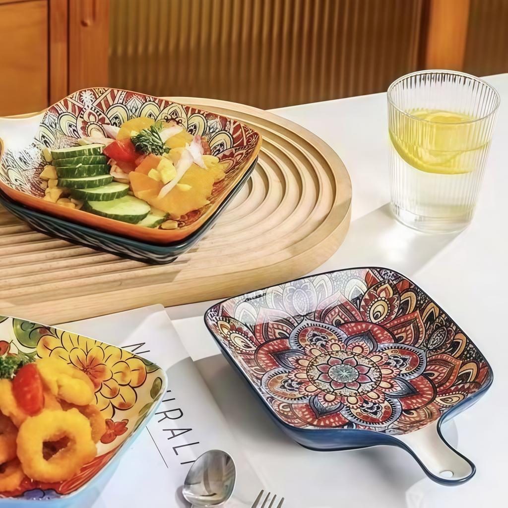 Богемная ручка квадратная керамическая тарелка, креативная бытовая тарелка для блюд, тарелка для фруктов и пасты от интернет-знаменитости, тарелка для закусок высокой ценности