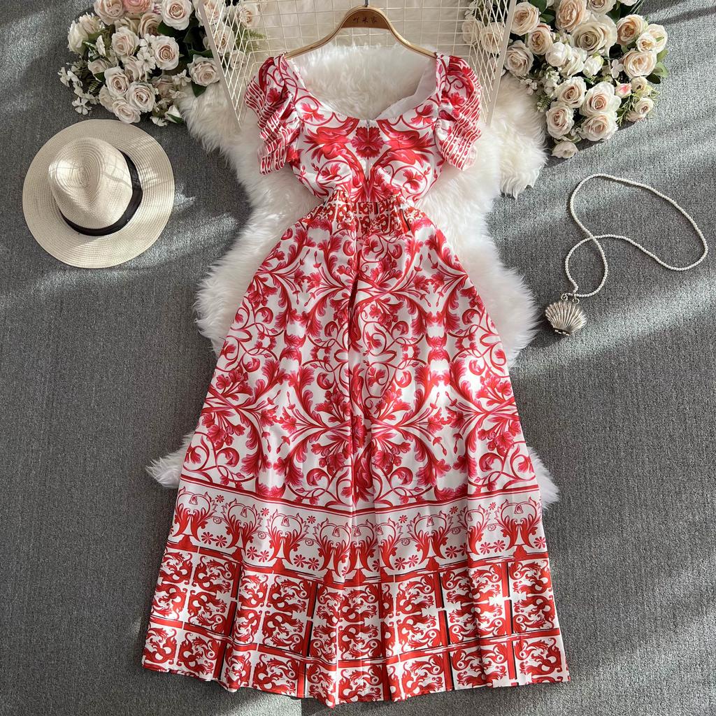 Summer Women V-neck Print Long Maxi Holiday Beach Dresses