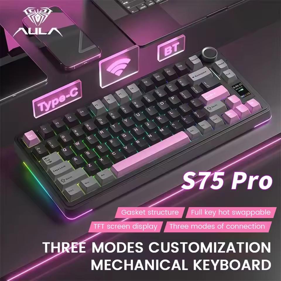 AULA S75 Pro Wireless Mechanical Keyboard 75% Hot Swap RGB Backlit PBT Keycaps 4000mAh LED Screen Knob Gaming Keyboard for PC