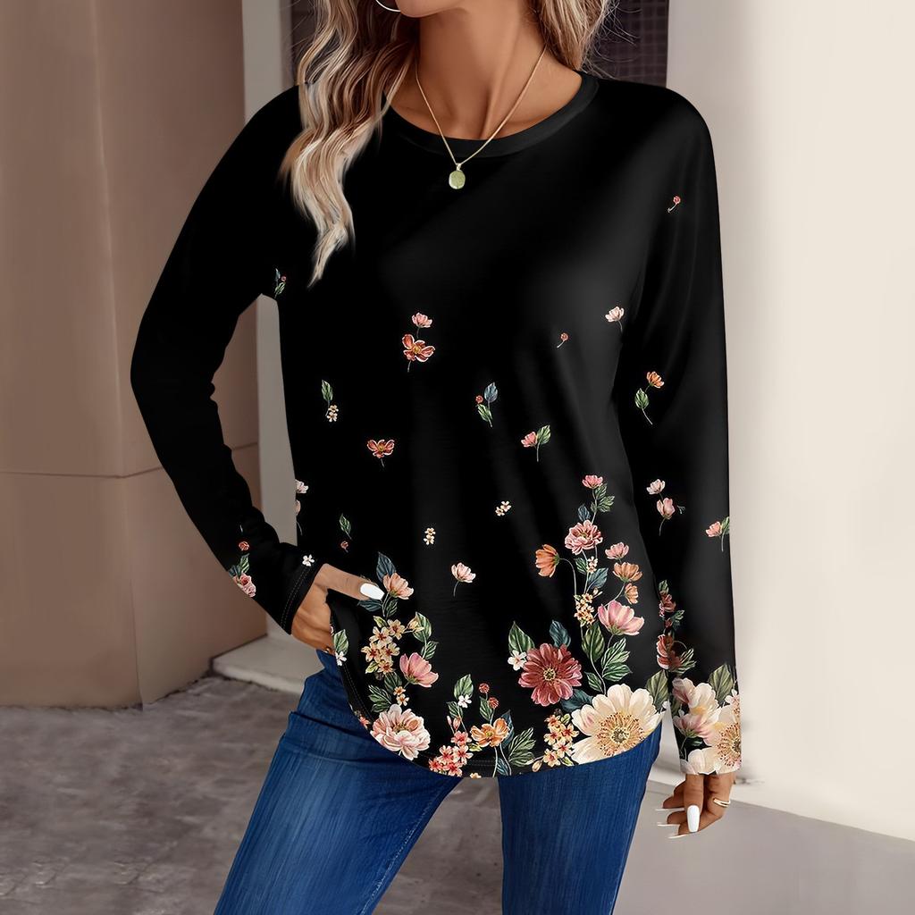 Женская мода повседневный топ с длинным рукавом с цветочным принтом и круглым вырезом