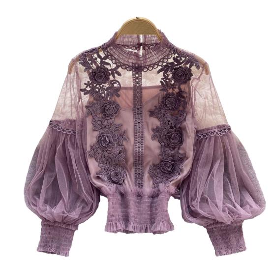 Женская праздничная рубашка с цветочной аппликацией, прозрачная сетка с рукавами-фонариками, тонкая кружевная гофрированная эластичная манжета, круглая