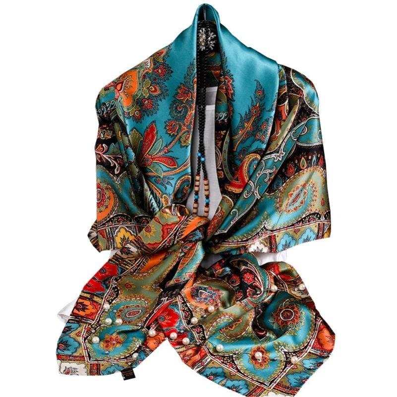 Новый Красно-Синий Шелковый Шарф Bufandas Женские Шарфы Национальный Стиль Атласные Квадратные Шарфы Дамский Брендовый Головной Платок Хиджаб Модный шаль