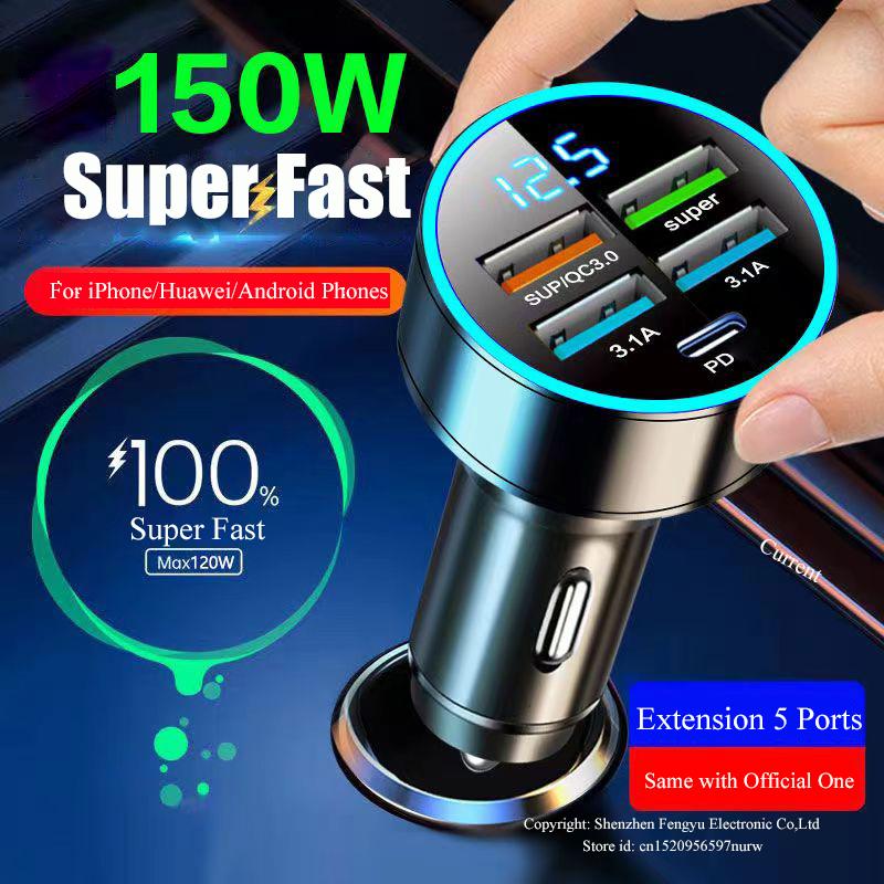 4-портовое автомобильное зарядное устройство Usb Type C Pd 150 Вт, адаптер для быстрой зарядки для Huawei Oppo Oneplus Iphone 14 Pro Max 13 12 11 Mini Xs Xiaomi