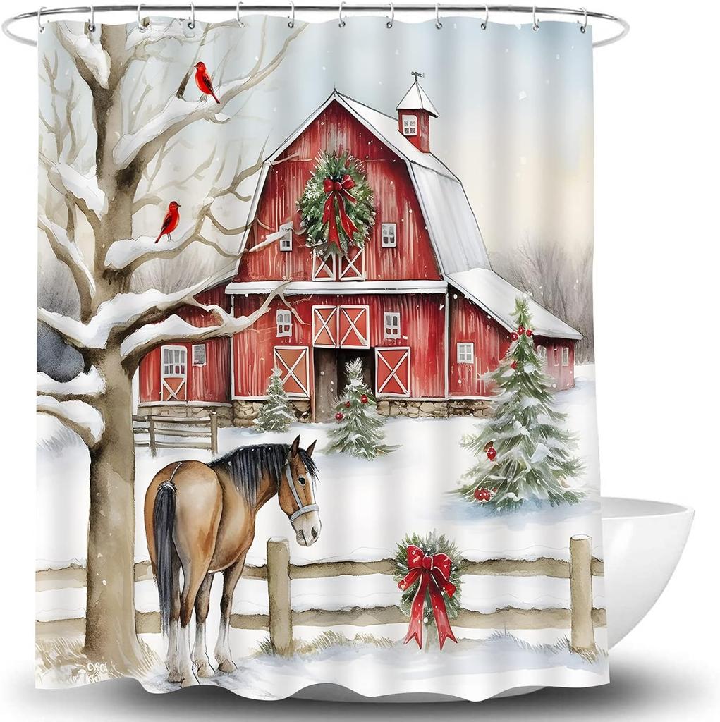 Winter Farm Shower Curtain Country Barn Wreath Horses Green Pine Tree Red Bird Snow Fence Vintage Rustic Happy New Year Holiday