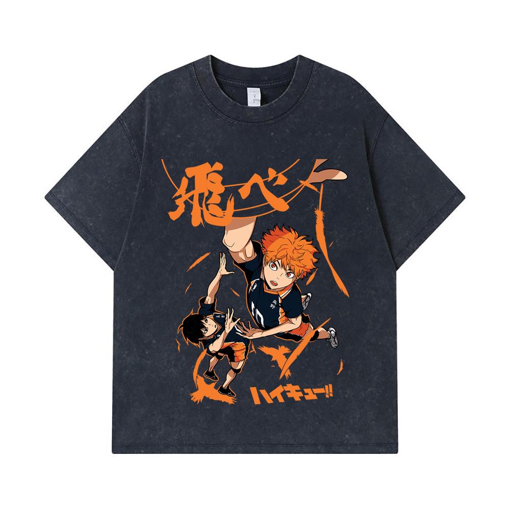 275 GSM Washed T-shirts 100% Cotton Haikyuu V10 Hinata Tobio Print Unisex Heavy Cotton T Shirt