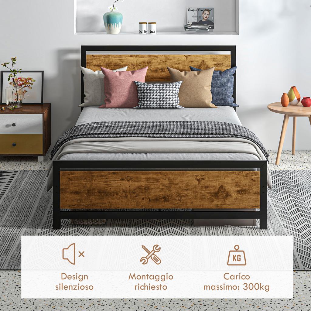 Small Double Bed Frame in Wood and Steel with Slats in Industrial Style, 140x200cm