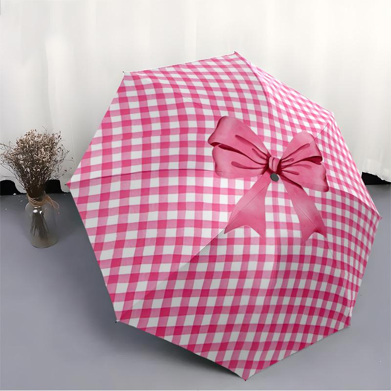 1pc Pink Checkered Bow Automatic Umbrella Portable Home Essential Umbrella, Iron Umbrella Structure Suitable for All Seasons yy251123134