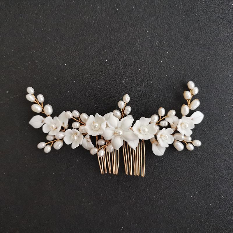 SLBRIDAL Handmade Porcelain Flower Leaf Freshwater Pearls Bridal Hair Comb Wedding Headband Hair Accessories Women Jewelry