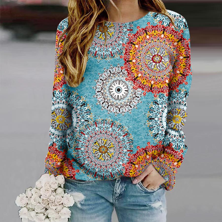 Tops For Women Dopamine Gear Print Round Neck Long Sleeve T-shirt Fall Casual Slim Pullover Women's Long Sleeve Top