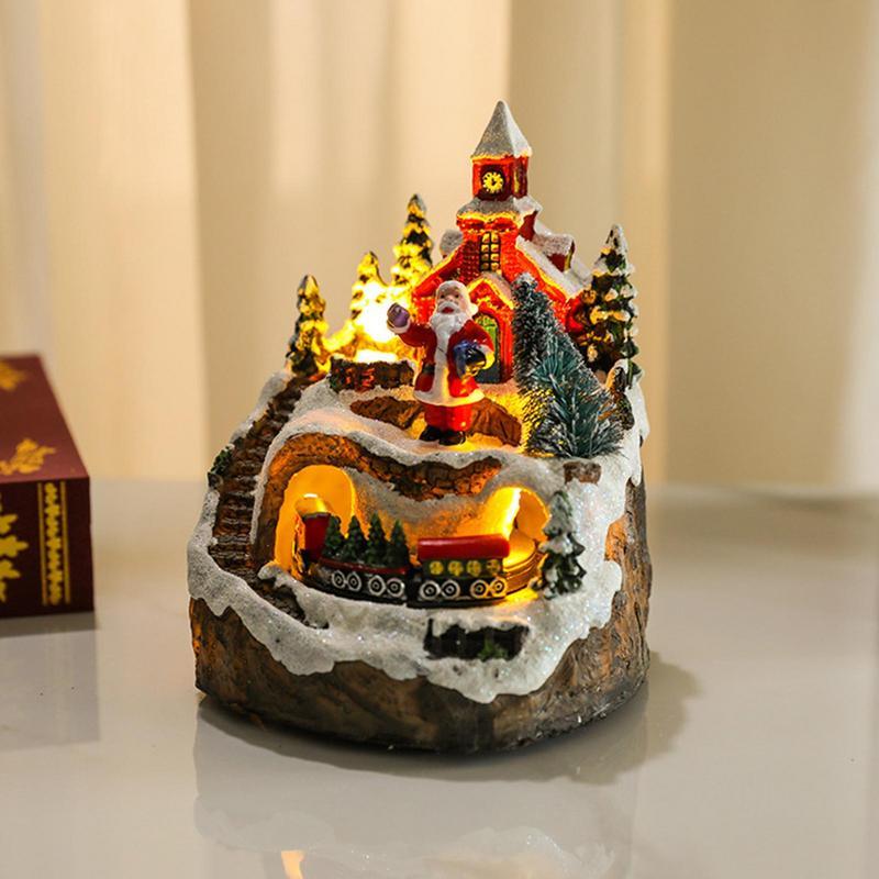 Unique Christmas Village Houses Sets Rotating Train Display Figurines-LED Light Up Musical,Battery Operated Holiday Decoration