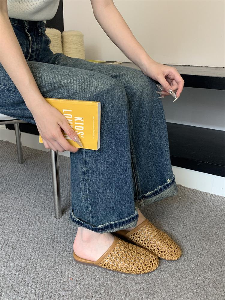 Модная верхняя одежда французская полая дышащая плетеная сумка голова тапочки женские 2025 лето новая плоская подошва с юбкой сандалии