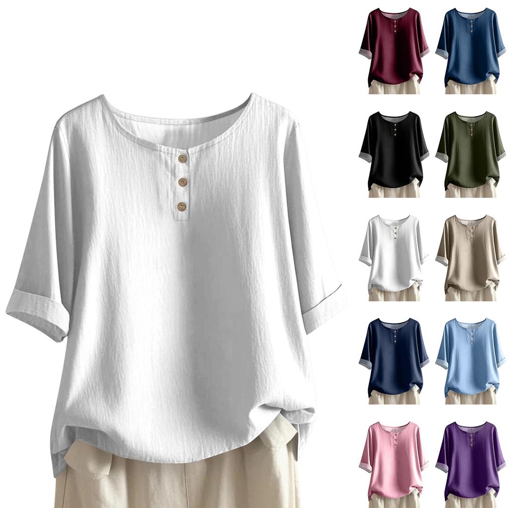 Women's Fashionable And Casual Shirt Half-sleeve Round Neck Solid-color Cotton And Linen Blouse Top