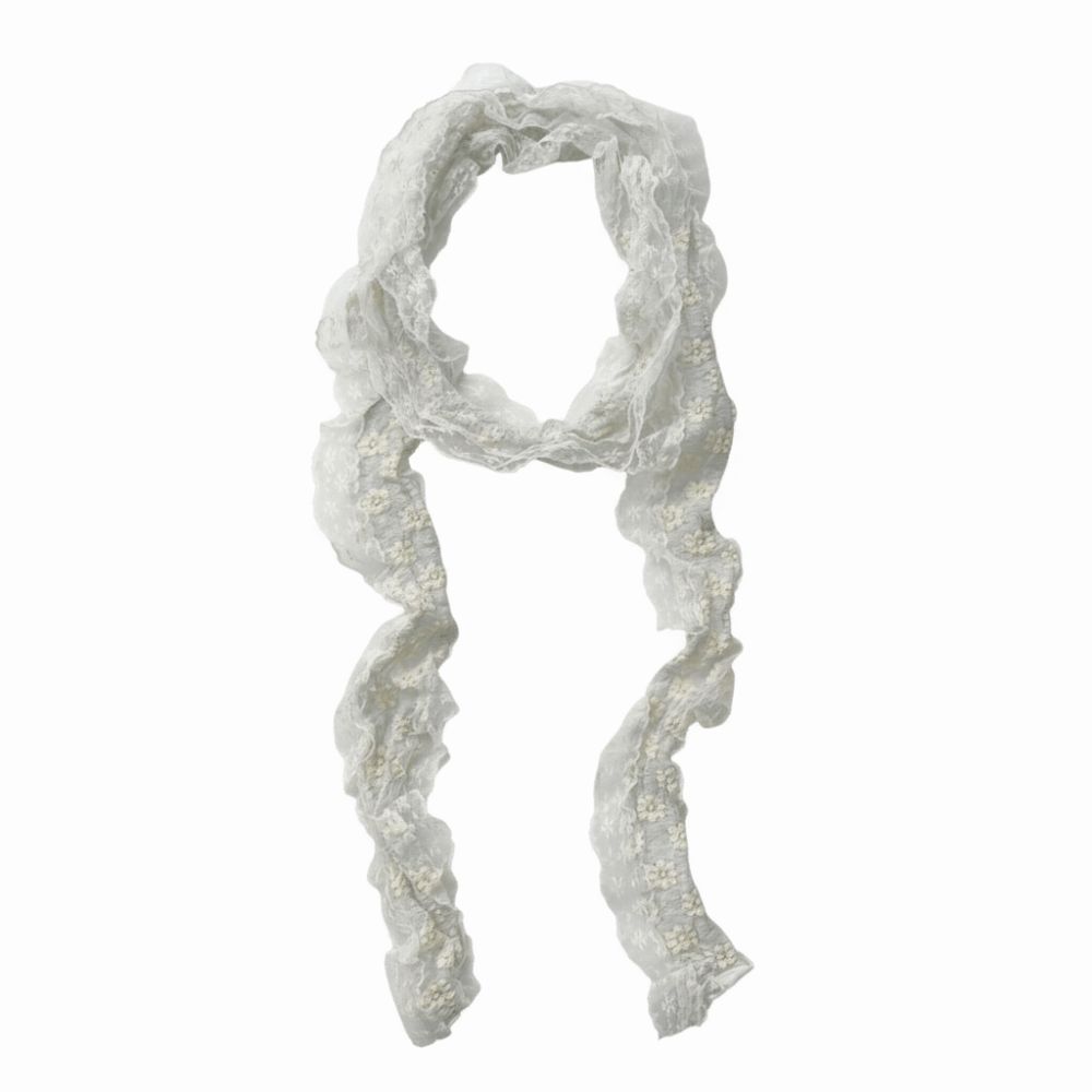 White Beige Lace Neck Scarf Flower Ribbon Headband Trendy Photo-Ready Shawl Spring Summer