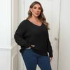 Women Plus Size V Neck Pullover Sweater With Pineapple Sleeve