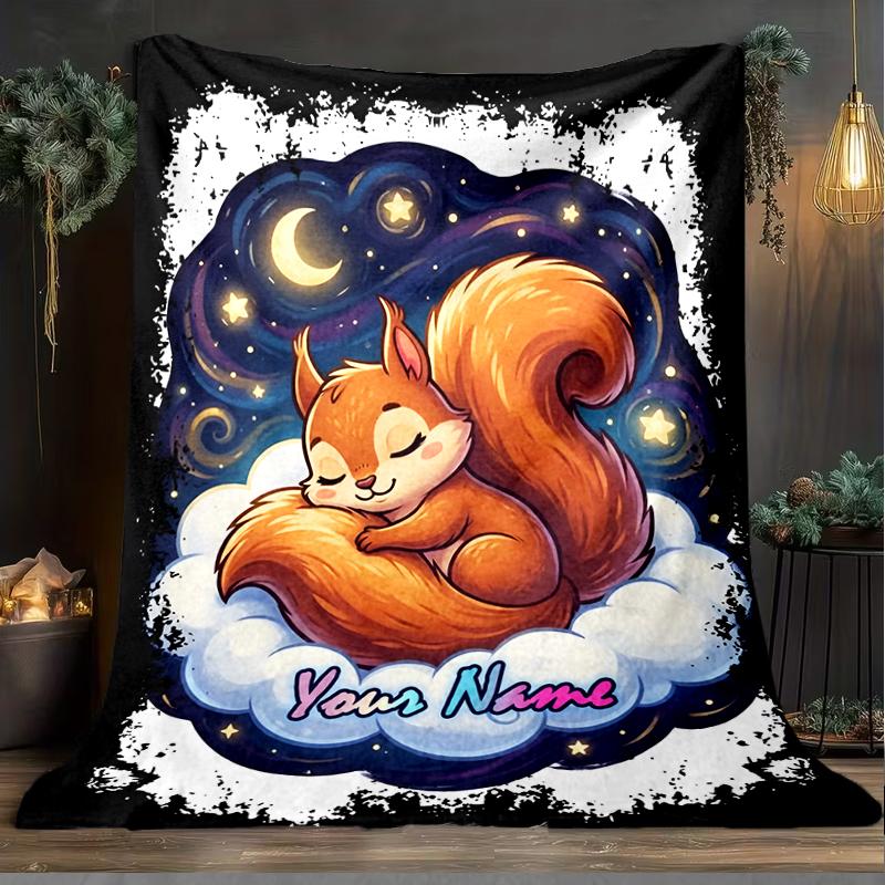 1PC Custom Name Squirrel Dreams Stars flannel blanket versatile,all-season throw suitable for the living room,bedroom,camping,travel,and gift