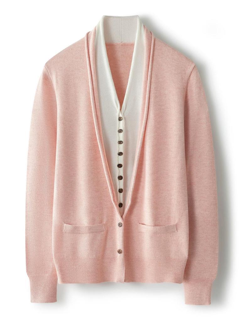 Women's V-Neck Wool Cardigan - Autumn/Winter, Two-Piece, Long Sleeve Knit Sweater