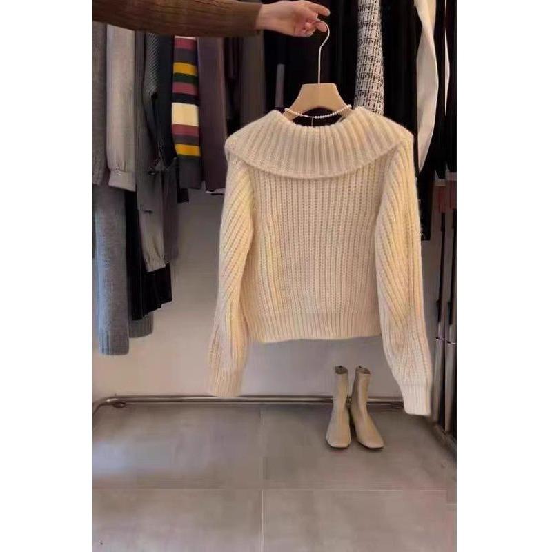 Fashion Elegant Doll Collar Knitted Cardigan Women Sweater Autumn/winter Casual Lapel Loose Coats Long Sleeved Jacket Sweet Simple Solid Top